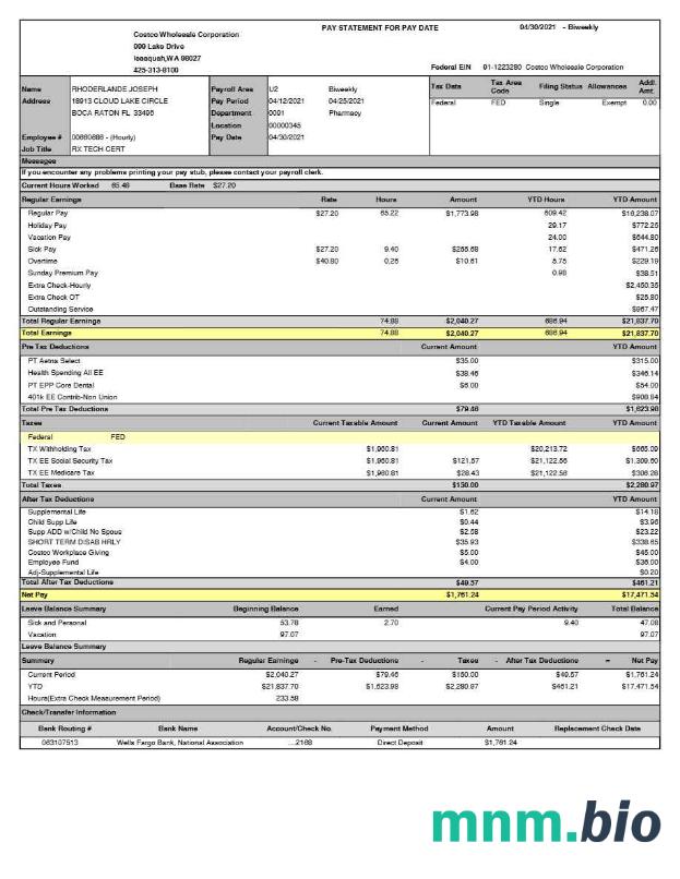 Costco Wholesale Corporation pay statement template w formatach Word i PDF